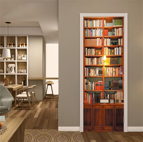 FLFK 3D Retro Bücherregal Wohnzimmer Türtapete Wandbilder Selbstklebend Tür Poster Vinyl Entfernbar Mauer Aufkleber Zuhause Dekor 77X200CM von FLFK