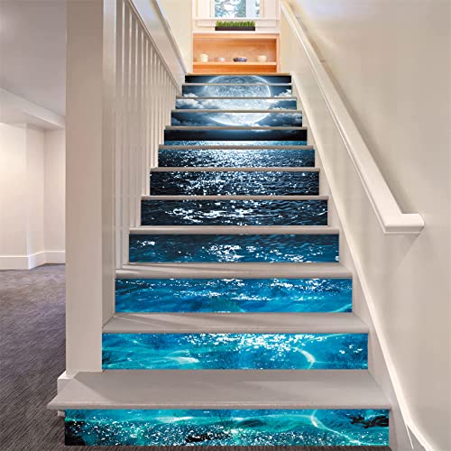 FLFK 3D Helles Mondlicht auf dem Meer Selbstklebend Treppen Aufkleber Vinyl Abnehmbare Aufkleber für Treppenhaus Zuhause Dekoration 39.3Zoll x7.08Zoll x13 stücke von FLFK