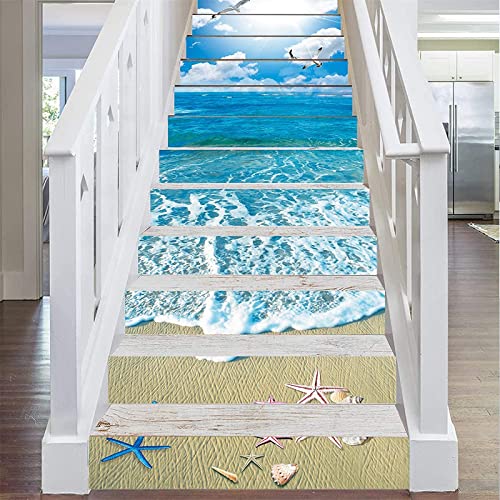 FLFK 3D Sonnenschein Ozean Strand Selbstklebend Treppen Aufkleber Vinyl Abnehmbare Aufkleber für Treppenhaus Zuhause Dekoration 39.3Zoll x7.08Zoll x13 stücke von FLFK