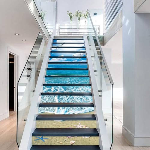FLFK 3D Sonnenschein Ozean Strand Selbstklebend Treppen Aufkleber Vinyl Abnehmbare Aufkleber für Treppenhaus Zuhause Dekoration 39.3Zoll x7.08Zoll x15 stücke von FLFK