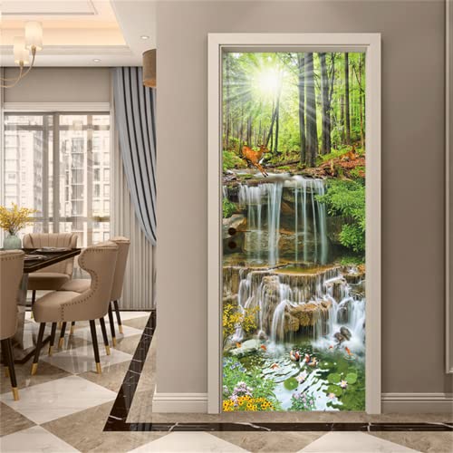 FLFK 3D Sonnenschein Waldhirsch Türtapete Wandbilder Selbstklebend Tür Poster Vinyl Entfernbar Mauer Aufkleber Zuhause Dekor 77x200CM von FLFK