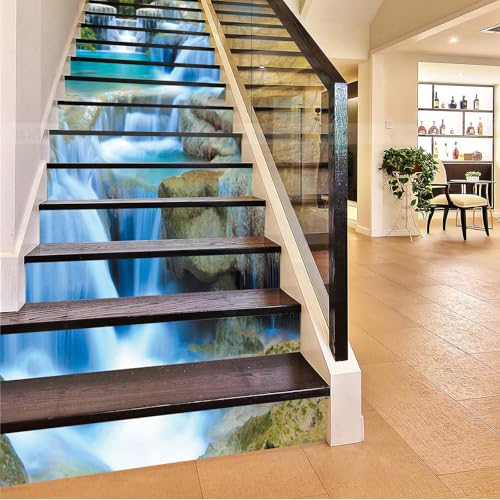 FLFK 3D Steinwasserfall Rock Selbstklebend Treppen Aufkleber Vinyl Abnehmbare Aufkleber für Treppenhaus Zuhause Dekoration 39.3Zoll x7.08Zoll x15 stücke von FLFK