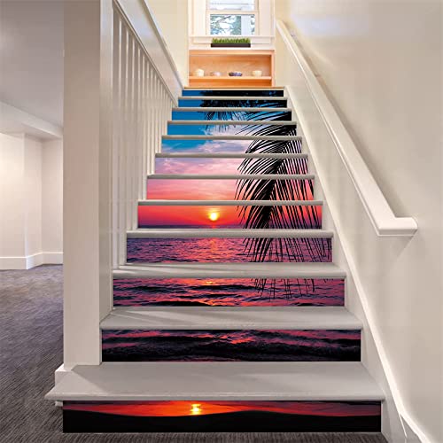 FLFK 3D Tropische Strandlandschaft des Sonnenuntergangs Selbstklebend Treppen Aufkleber Vinyl Abnehmbare Aufkleber für Treppenhaus Zuhause Dekoration 39.3Zoll x7.08Zoll x13 stücke von FLFK