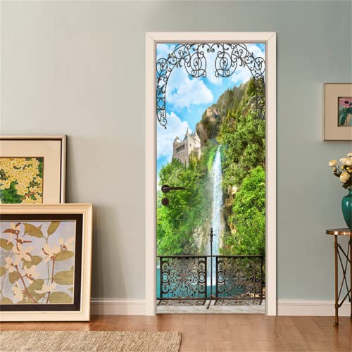 FLFK 3D Türtapete selbstklebend - Schloss mit Wasserfall Türtapete Wandbilder- Mauer Aufkleber - Wasserdicht TürPoster für Zuhause Dekor 77x200cm von FLFK