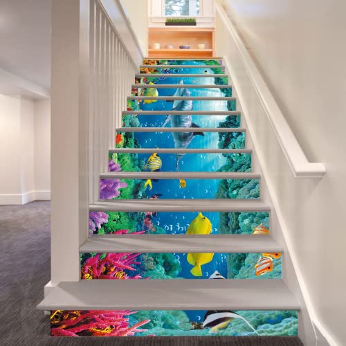 FLFK 3D Unterwasser Delphin Fische Selbstklebend Treppen Aufkleber Vinyl Abnehmbare Aufkleber für Treppenhaus Zuhause Dekoration 39.3Zoll x7.08Zoll x13 stücke von FLFK