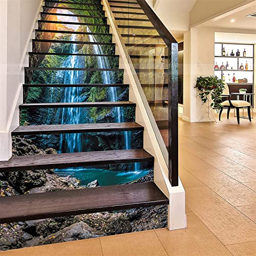 FLFK 3D Wasserfall im tiefen Wald Landschaft Selbstklebend treppenaufkleber Wandmalerei Vinyl Treppe Steigleitung Abziehbilder 39.3Zoll x7.08Zoll x 15stücke von FLFK