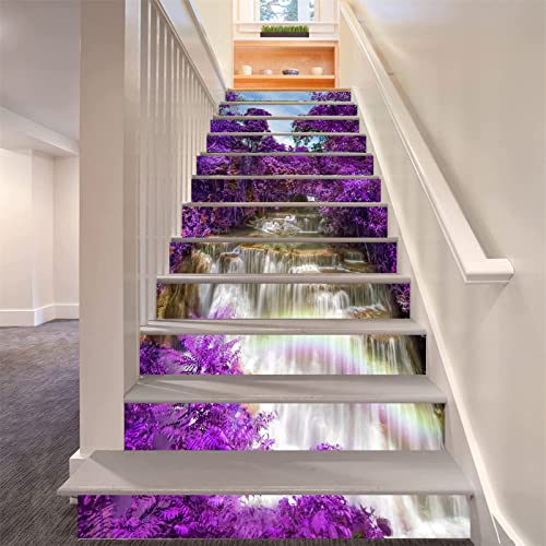 FLFK 3D Wasserfall purpurrote Blumen Bäume Selbstklebend Treppen Aufkleber Vinyl Abnehmbare Aufkleber für Treppenhaus Zuhause Dekoration 39.3Zoll x7.08Zoll x13 stücke von FLFK