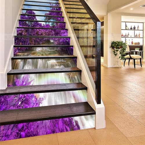 FLFK 3D Wasserfall purpurrote Blumen Bäume Selbstklebend Treppen Aufkleber Vinyl Abnehmbare Aufkleber für Treppenhaus Zuhause Dekoration 39.3Zoll x7.08Zoll x15 stücke von FLFK