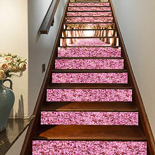 FLFK 3D rosa Kirschbaum Selbstklebend Treppen Aufkleber Vinyl Abnehmbare Aufkleber für Treppenhaus Zuhause Dekoration 39.3Zoll x7.08Zoll x13 stücke von FLFK