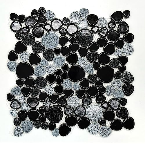 Mosaikfliese Drops Keramik Kieselstein-Optik Dekosteine Dekorsteine Kiesel 27,5x27,5 cm, 1 Mosaikmatte (Schwarz-weiß) von FLIESENProfi.de