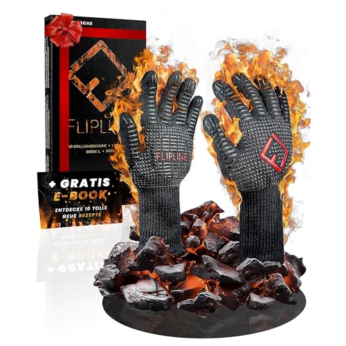 FLIPLINE® Grillhandschuhe Hitzebeständig - Premium feuerfeste Handschuhe, Ofenhandschuhe, Kochhandschuhe, Backhandschuhe für Küche & Grill - BBQ Handschuhe inkl. Rezepte E-Book (L) von FLIPLINE