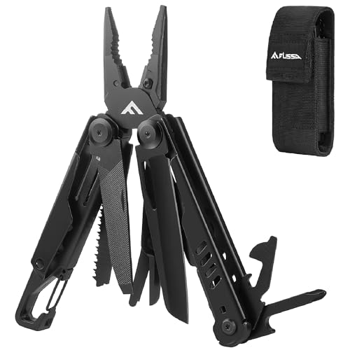 FLISSA Multifunktionszange 15-in-1 Faltbar Multitool Werkzeug Edelstahl Multifunktionswerkzeug mit Karabiner Messer Schere Säge Feile Ideal für Wandern Angeln Reparieren mit Tragtasche Schwarz von FLISSA