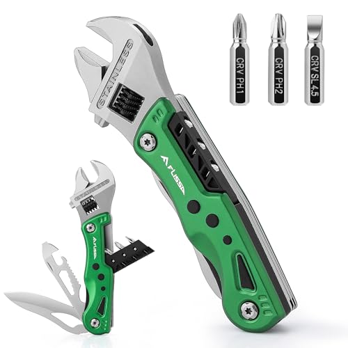 FLISSA Multitool Schraubenschlüssel 13 in 1, Verstellbarer Gabelschlüssel Multifunktionswerkzeug mit Messer, Schraubendreher Bits, Flaschenöffner für Outdoor Reparieren, mit Tragtasche, Grüner Griff von FLISSA