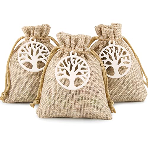 FLOFIA 24 STK. Jutesäckchen Jutebeutel Klein Gastgeschenke 10 x 8 cm Leinensäckchen + 24 Stück Holzanhänger + Juteseil + 100 Plastiktüten für Kommunion Taufe Konfirmation Geburt Hochzeit von FLOFIA