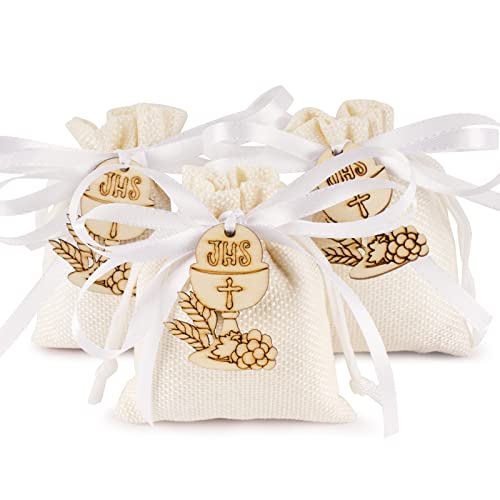 FLOFIA 24 STK. Jutesäckchen Jutebeutel Klein Gastgeschenke 10 x 8 cm Leinensäckchen + 25 Stück Heiliger Gral Holzkelch + Juteseil für Kommunion Taufe Konfirmation Geburt Hochzeit Grau von FLOFIA