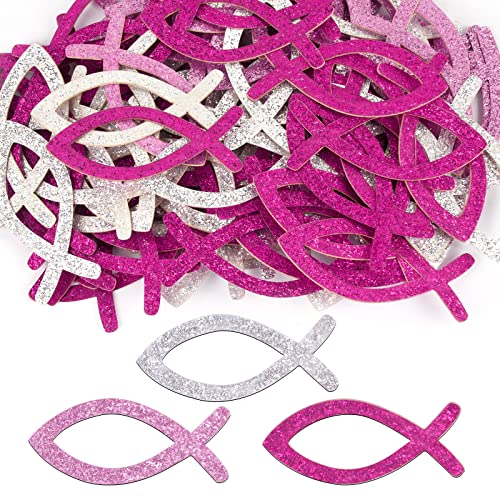 FLOFIA 90 Stk Fisch Deko Taufe Kommunion Streudeko Fische Tischdeko Konfirmation Dekoration Glitzer Papier Fisch Konfetti für Junge Mädchen Rot Rosa Silber von FLOFIA