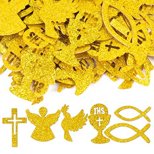 FLOFIA 90 Stk. Streudeko Taufe Tischdeko Fische Kreuz Deko Kommunion Gold Glitzer Papier Fischdeko Konfirmation Kelch Engel Taube Deko Firmung Erstkommunion Dekoration von FLOFIA