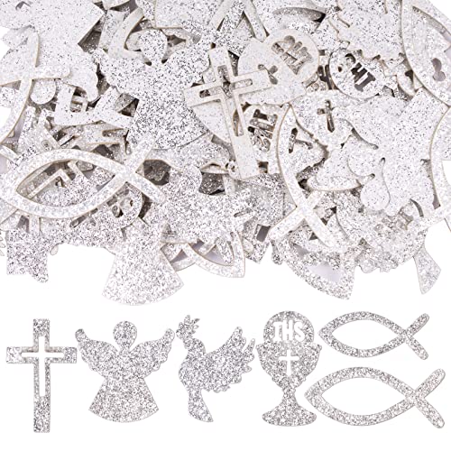 FLOFIA 90 Stk. Streudeko Taufe Tischdeko Fische Kreuz Deko Kommunion Silber Glitzer Papier Fischdeko Konfirmation Kelch Engel Taube Deko Firmung Erstkommunion Dekoration von FLOFIA