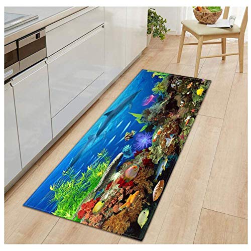 Tapis de Cuisine Devant Evier Tapis Cuisine Antidérapant Absorbent Lavable en Machine,Tapis De Salle De Bain sous-Marin Imprimé Dauphin Corail Épaisseur 7MM,60 * 180CM von FLOORMATJING