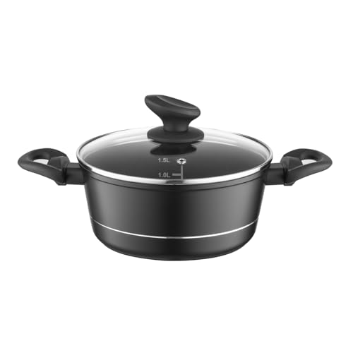 FLORINA Aluminium Topf (1,5 l) 18 cm I Kochtopf DELUX mit Glasdeckel I Messbecher & Antikratz-Beschichtung I Topf mit Induktionsboden I Geeignet für Induktionsherd, Gasherd und Elektroherd (Schwarz) von FLORINA