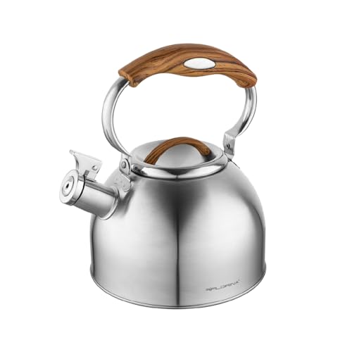 FLORINA JOE Wasserkessel (2,5 l) I Edelstahl Teekessel I Flötenkessel mit Soft-Touch Griff I Dekorative Elemente Holzimitation I Wasserkocher für Induktionsherd, Gasherd, Elektroherd I Farbe: Silber von FLORINA