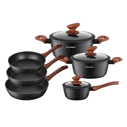 FLORINA MASTER BLACK Topf- & Pfannenset | 6-teiliges Set | Aluminium hochwertig | Glasdeckel mit Dampfauslass | Für Induktion, Gas, Elektro, Keramik | Spülmaschinengeeignet | Großes Set von FLORINA