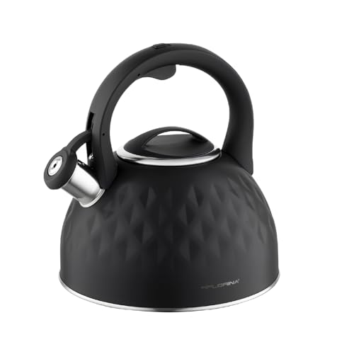 FLORINA Wasserkessel (2,5 l) | Edelstahl Teekessel DIAMANTE | Flötenkessel mit Silikongriff | Wasserkocher für Induktionsherd, Gasherd und Elektroherd | Farbe: Schwarz von Florina