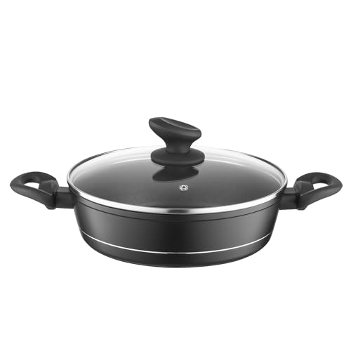 FLORINA Aluminium Topf (2,3 l) 24 cm I Kochtopf DELUX mit Glasdeckel I Messbecher & Antikratz-Beschichtung I Niedriger Topf mit Induktionsboden I Induktionsherd, Gasherd, Elektroherd (Schwarz) von FLORINA