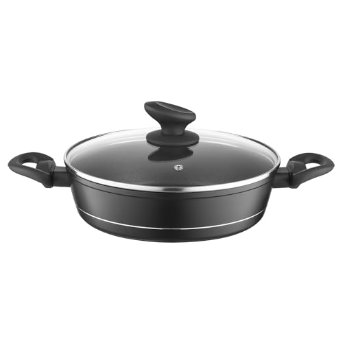 FLORINA Aluminium Topf (3,5 l) 28 cm I Kochtopf DELUX mit Glasdeckel I Messbecher & Antikratz-Beschichtung I Niedriger Topf mit Induktionsboden I Induktionsherd, Gasherd, Elektroherd (Schwarz) von Florina