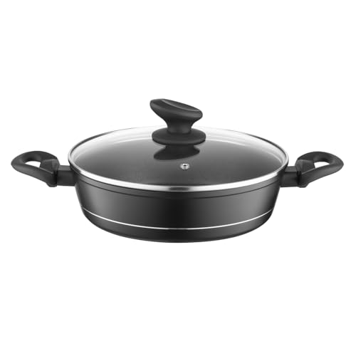 FLORINA Aluminium Topf (3,5 l) 28 cm I Kochtopf DELUX mit Glasdeckel I Messbecher & Antikratz-Beschichtung I Niedriger Topf mit Induktionsboden I Induktionsherd, Gasherd, Elektroherd (Schwarz) von Florina