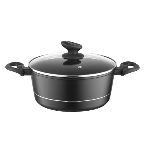 FLORINA Aluminium Topf (4 l) 24 cm I Kochtopf DELUX mit Glasdeckel I Messbecher & Antikratz-Beschichtung I Topf mit Induktionsboden I Geeignet für Induktionsherd, Gasherd und Elektroherd (Schwarz) von Florina