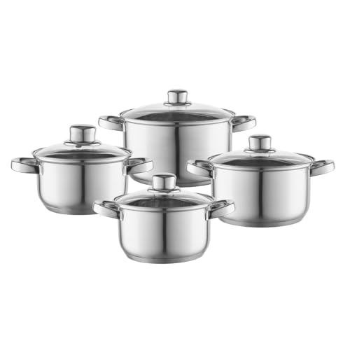 FLORINA Kochtopf Set POLPO I 8-teiliges Topfset aus hochwertigem Edelstahl I Kochtöpfe mit Glasdeckel und Messbecher I Spülmaschinengeeignet I Ideal für Induktionsherd, Gasherd, Elektroherd von FLORINA