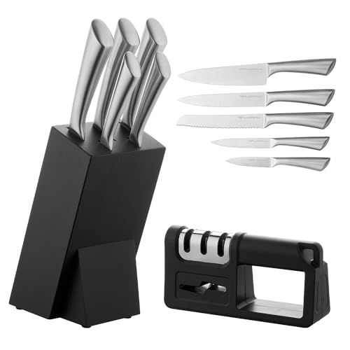 Florina Messerblock Set mit Schärfer I Rostfreie Edelstahl Küchenmesser PERFECT STEEL I 7-teiliges Set Inkl. Kochmesser Universalmesser Brotmesser Gemüsemesser Fleischmesser I Antirutschgriff von FLORINA