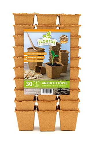 FLORTUS 5 cm Anzuchttöpfe quadratisch auf Holzfaser Basis | 30 Stück | Pflanztöpfe für nachhaltige Gartenarbeit | 100% biologisch abbaubar, torffrei | Ideal für die Aussaat von Gemüse, Obst und mehr von FLORTUS Freude an Vielfalt