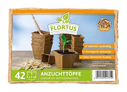 FLORTUS 5 cm Anzuchttöpfe quadratisch auf Holzfaser Basis | 42 Stück | Pflanztöpfe für nachhaltige Gartenarbeit | 100% biologisch abbaubar, torffrei | Ideal für die Aussaat von Gemüse, Obst und mehr von FLORTUS Freude an Vielfalt