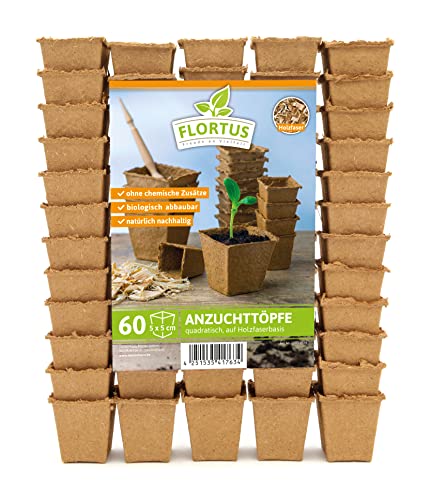 FLORTUS 5 cm Anzuchttöpfe quadratisch auf Holzfaser Basis | 60 Stück | Pflanztöpfe für nachhaltige Gartenarbeit | 100% biologisch abbaubar, torffrei | Ideal für die Aussaat von Gemüse, Obst und mehr von FLORTUS Freude an Vielfalt