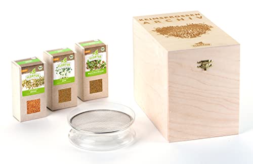 FLORTUS BIO Keimsprossen Archiv Geschenkbox Lieblingssprossen - inkl. 3 Sprossen Sorten & Keimschale aus Glas | Kresse, Senf & Rucola | Geschenkset mit Keimgerät, Microgreens & Sprossen Samen von FLORTUS Freude an Vielfalt