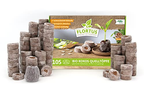 FLORTUS BIO Kokos Quelltöpfe | 105 Stück (36 mm) mit organischem BIO Dünger | Anzuchterde Kokos torffrei & biologisch abbaubar | Alternative zu Quelltabletten | Anzucht für Samen & Stecklinge von FLORTUS Freude an Vielfalt