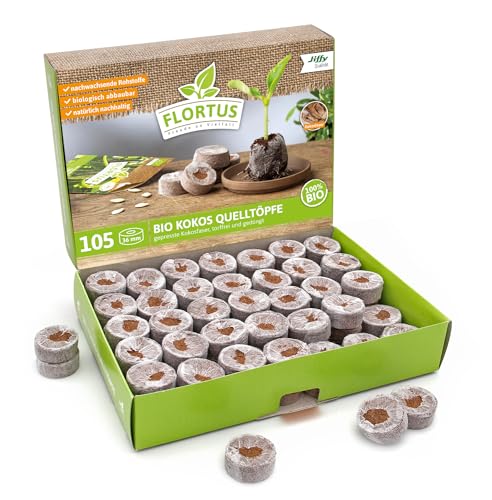 FLORTUS BIO Kokos Quelltöpfe | 105 Stück (36 mm) mit organischem BIO Dünger | Anzuchterde Kokos torffrei & biologisch abbaubar | Alternative zu Quelltabletten | Anzucht für Samen & Stecklinge von FLORTUS Freude an Vielfalt