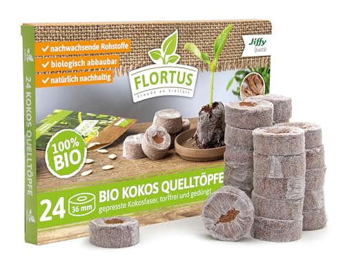 FLORTUS – Kokos Quelltöpfe aus Anzuchterde mit organischem BIO Dünger – 24 Stück Kokos Quelltabletten torffrei & biologisch abbaubar – Quelltabs aus Kokoserde zur Anzucht von Samen & Setzlingen von FLORTUS Freude an Vielfalt