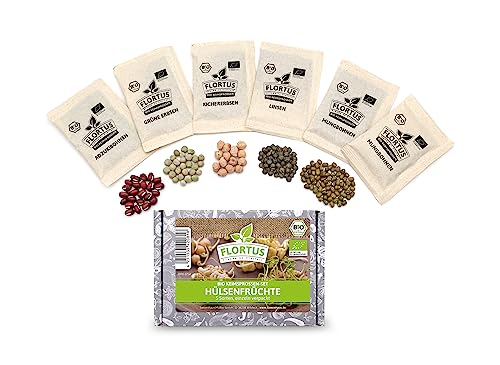 FLORTUS BIO Sprossen Set Hülsenfrüchte mit 6 Sorten Keimsaat | Adzukibohnen, Grüne Erbsen, Kichererbsen, Linsen, Mungbohnen | Sprossen & Microgreens Starter Set | Sprossen Samen | Sprossen ziehen von FLORTUS Freude an Vielfalt