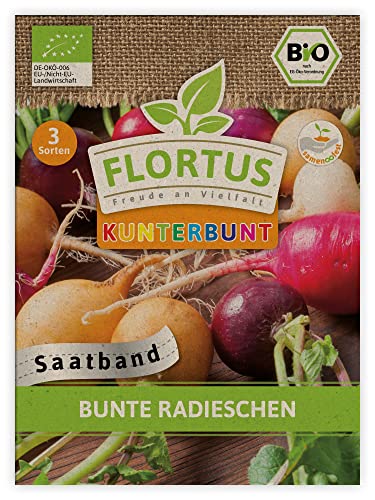 FLORTUS Bunte Radieschen Saatband | 3 BIO Saatbänder für Radieschen Anbau | Saatgutmischung für rot, weiß, rot-weiß, gelb und violett Radies von FLORTUS Freude an Vielfalt