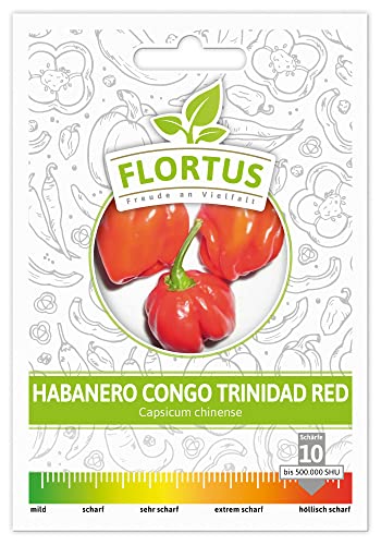 FLORTUS Chili Samen Habanero Congo Trinidad Red | Ökologischer Anbau | Schärfegrad 10 | Eine der schärfsten Chilis der Welt | Ertragreich | Saatgut für Chili | Gemüsesamen | Chili Samen scharf von FLORTUS Freude an Vielfalt