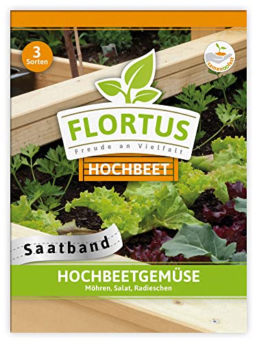 FLORTUS Hochbeetgemüse Saatbänder | 3 Sorten Gemüsesamen im praktischen Saatband | Samen Set für Gemüse Hochbeet | Möhren Samen | Salat Samen | Radieschen Samen | Saatgut BIO von FLORTUS Freude an Vielfalt