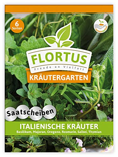 FLORTUS Italienische Kräuter Saatscheiben | 6 Sorten | Kräutersamen in praktischen Saatscheiben | Kräutermischung Samen | Kräutersamen für Basilikum, Majoran, Oregano, Rosmarin, Salbei, Thymian von FLORTUS Freude an Vielfalt