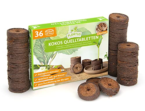 FLORTUS Kokos Quelltabletten mit NPK Dünger | 36 Stück (36 mm) Quelltabs aus Anzuchterde torffrei | Kokoserde für Pflanzen | Quelltabletten Anzucht | Anzuchterde aus Kokosfaser | Pflanzen Anzucht von FLORTUS Freude an Vielfalt