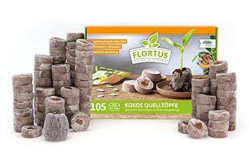 FLORTUS – Kokos Quelltöpfe aus Anzuchterde mit Nährstoffen – 105 Stk. Kokos Quelltabletten torffrei & biologisch abbaubar – Quelltabs aus Kokoserde gepresst zur Pflanzen Anzucht von Samen & Setzlingen von FLORTUS Freude an Vielfalt