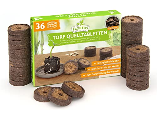 FLORTUS – Torf Quelltabletten aus Sphagnum Torf mit NPK Dünger – 36 Stück (36 mm) Quelltabs biologisch abbaubar – Alternative zu Torfquelltöpfen – torfhaltige Anzuchterde zur Pflanzen Anzucht von FLORTUS Freude an Vielfalt
