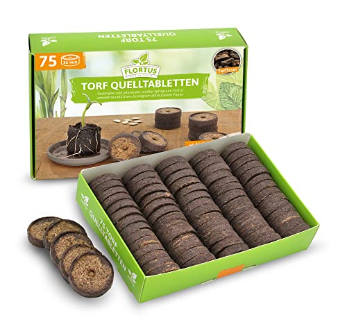 FLORTUS – Torf Quelltabletten aus Sphagnum Torf mit NPK Dünger – 75 Stück (36 mm) Quelltabs biologisch abbaubar – Alternative zu Torfquelltöpfen – torfhaltige Anzuchterde zur Pflanzen Anzucht von FLORTUS Freude an Vielfalt