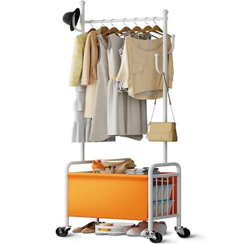 FLOUREE Kleiderständer Auf Rollen 3-in-1 und Aufbewahrungskorb Kleiderständer Stabil Kleiderstange zum Aufhängen von Kleidungsstücken für Schlafzimmer, Wohnzimmer, Flur, Eingangsbereich, 100cm Breit von FLOUREE